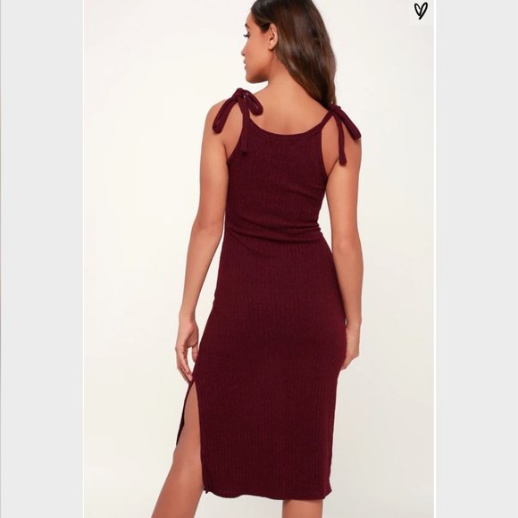 Rosaleen Burgundy Tie-Strap Ribbed Knit Midi Dress - Picture 2 of 8